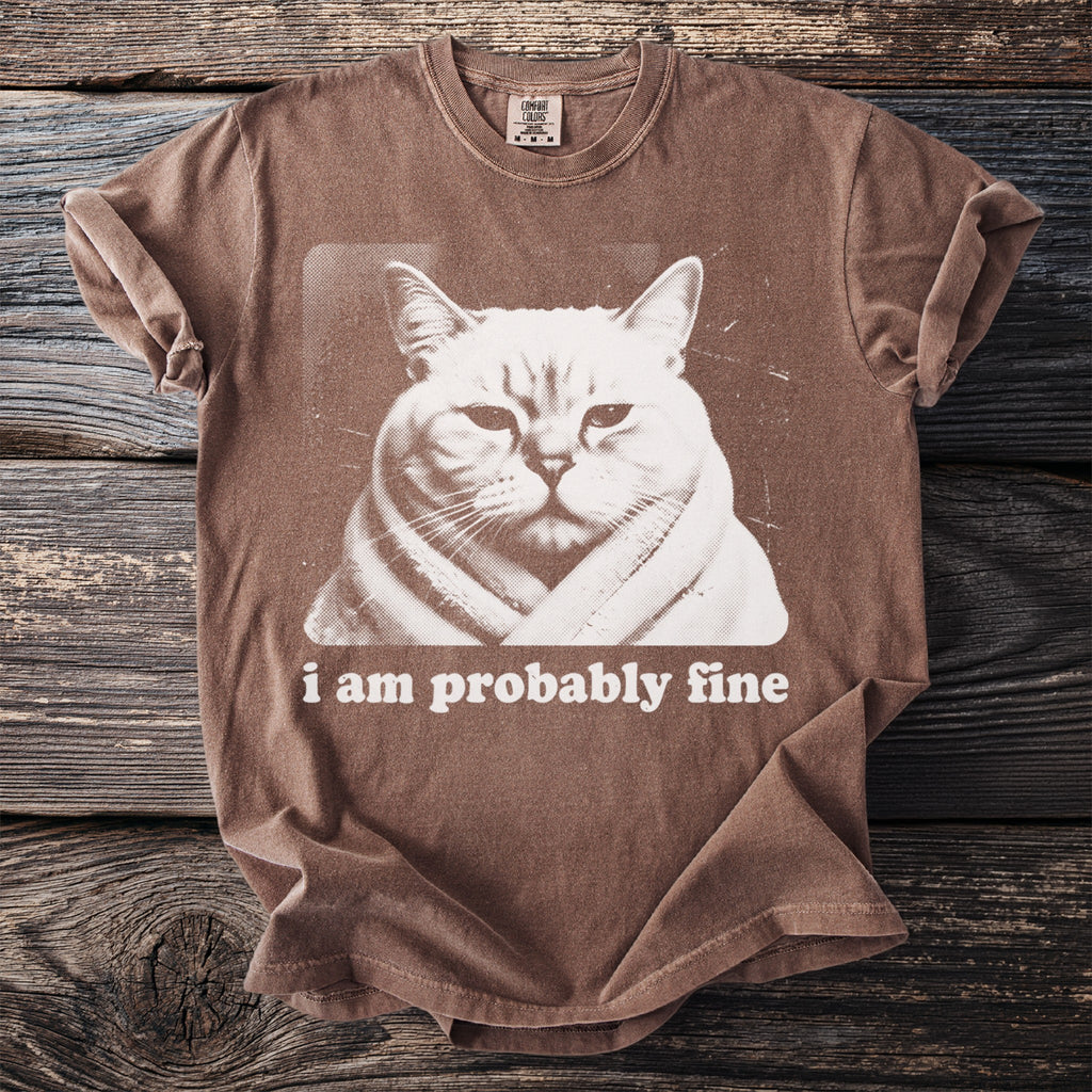 Brown t-shirt with a distressed graphic of a cat wrapped in a blanket and the text "i am probably fine".