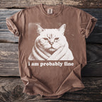 Brown t-shirt with a distressed graphic of a cat wrapped in a blanket and the text "i am probably fine".
