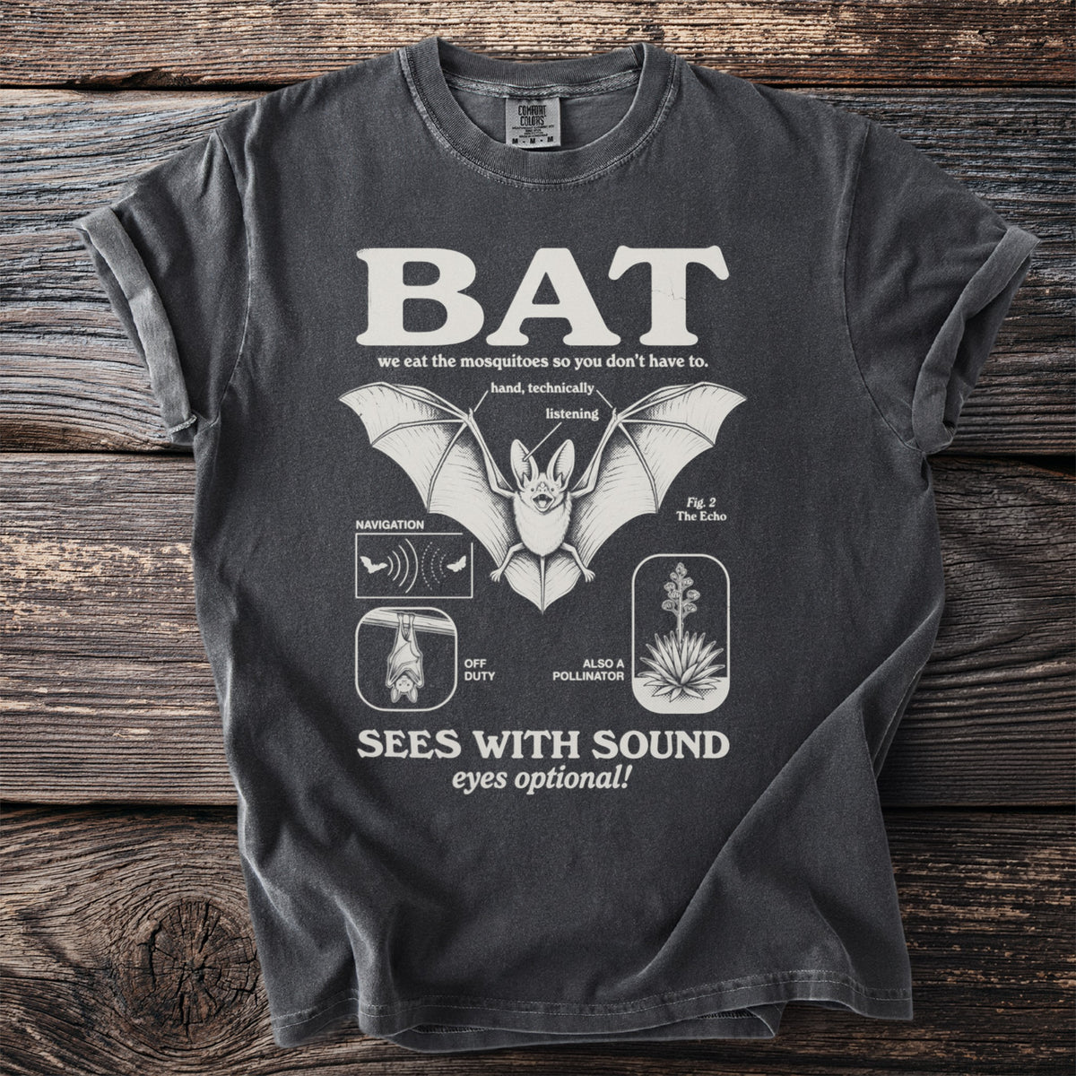 Dark gray t-shirt with white text and illustrations about bats.