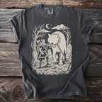 Viking hero battles Fenrir wolf under moon with tombstones and chains.