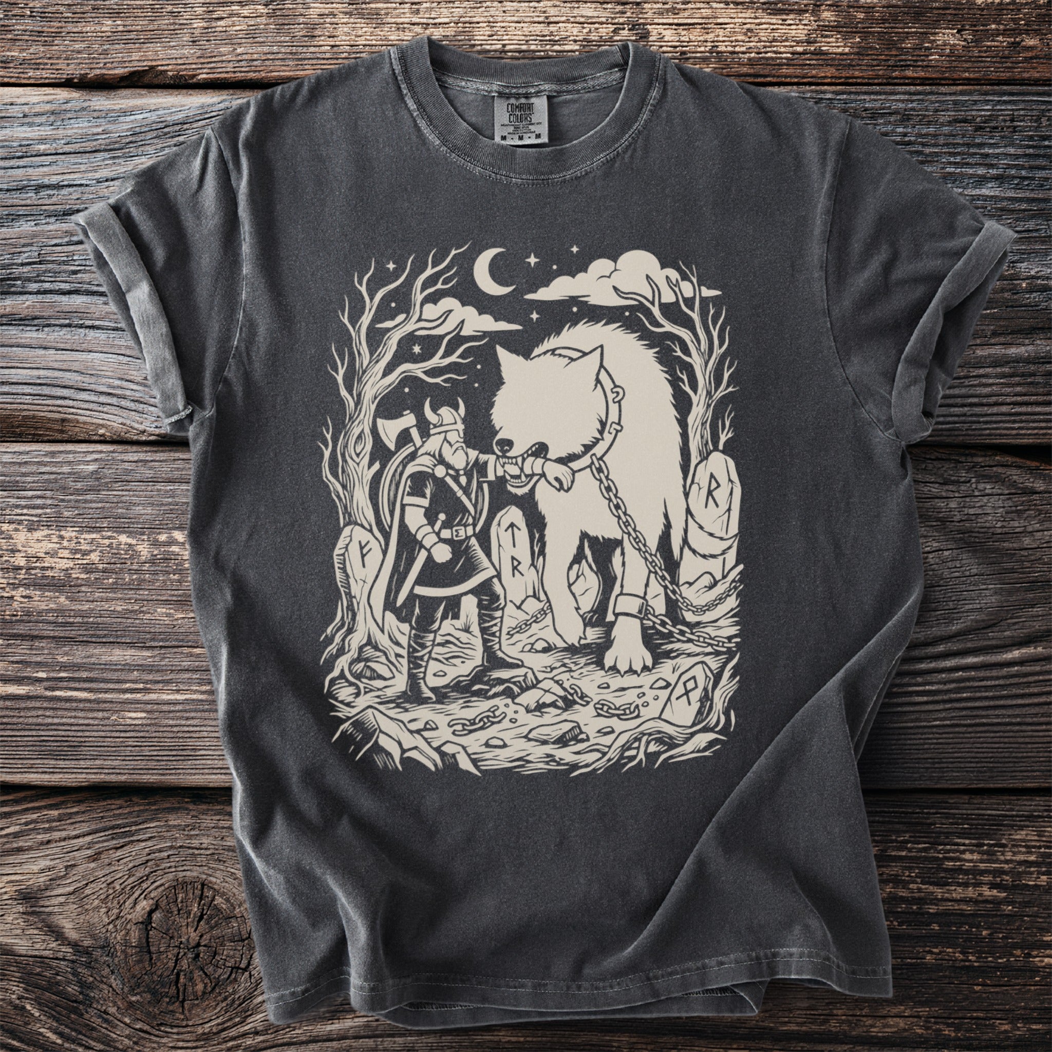 Viking hero battles Fenrir wolf under moon with tombstones and chains.