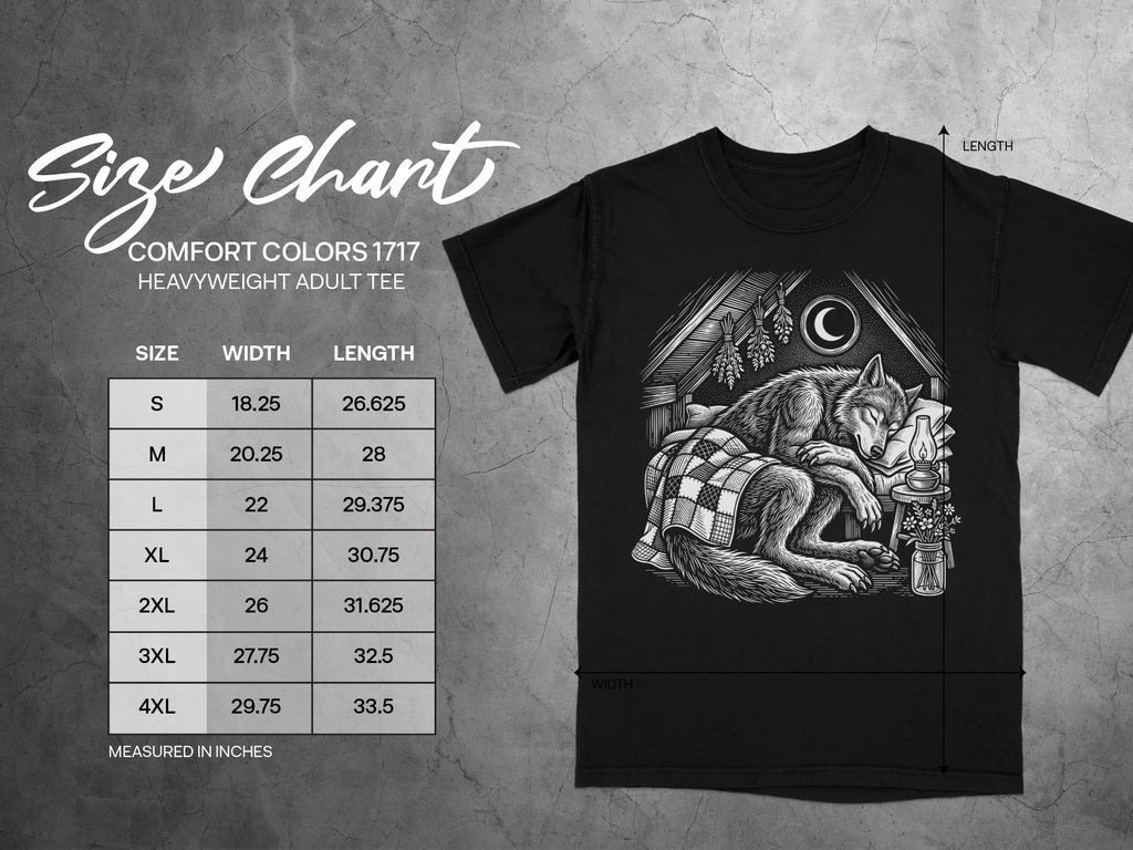 Comfort Colors 1717 heavyweight adult tee size chart with wolf graphic.