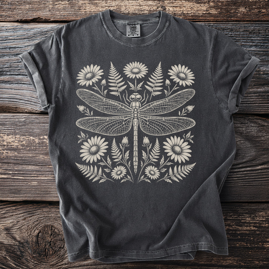 Dark grey t-shirt with a cream-colored dragonfly and floral botanical print.