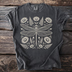 Dark grey t-shirt with a cream-colored dragonfly and floral botanical print.