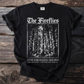 Black t-shirt with "The Fireflies" and forest scene with text "Synchronized Shows".