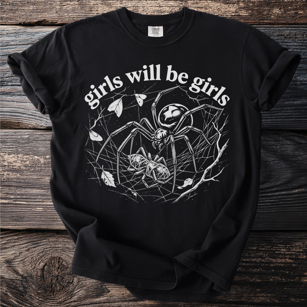 Black Comfort Colors t-shirt with spider and prey graphic and text "girls will be girls".