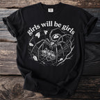 Black Comfort Colors t-shirt with spider and prey graphic and text "girls will be girls".