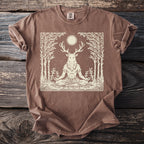 Brown t-shirt with a white line art graphic of a deer-headed figure meditating.