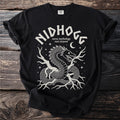 Black t-shirt with Nidhogg, Norse mythology root serpent, and celestial design.