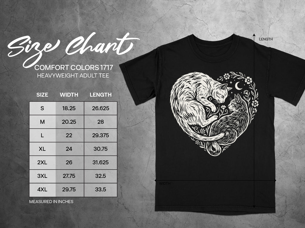 Comfort Colors 1717 heavyweight adult tee size chart featuring two cats in a heart design.