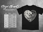 Comfort Colors 1717 heavyweight adult tee size chart featuring two cats in a heart design.