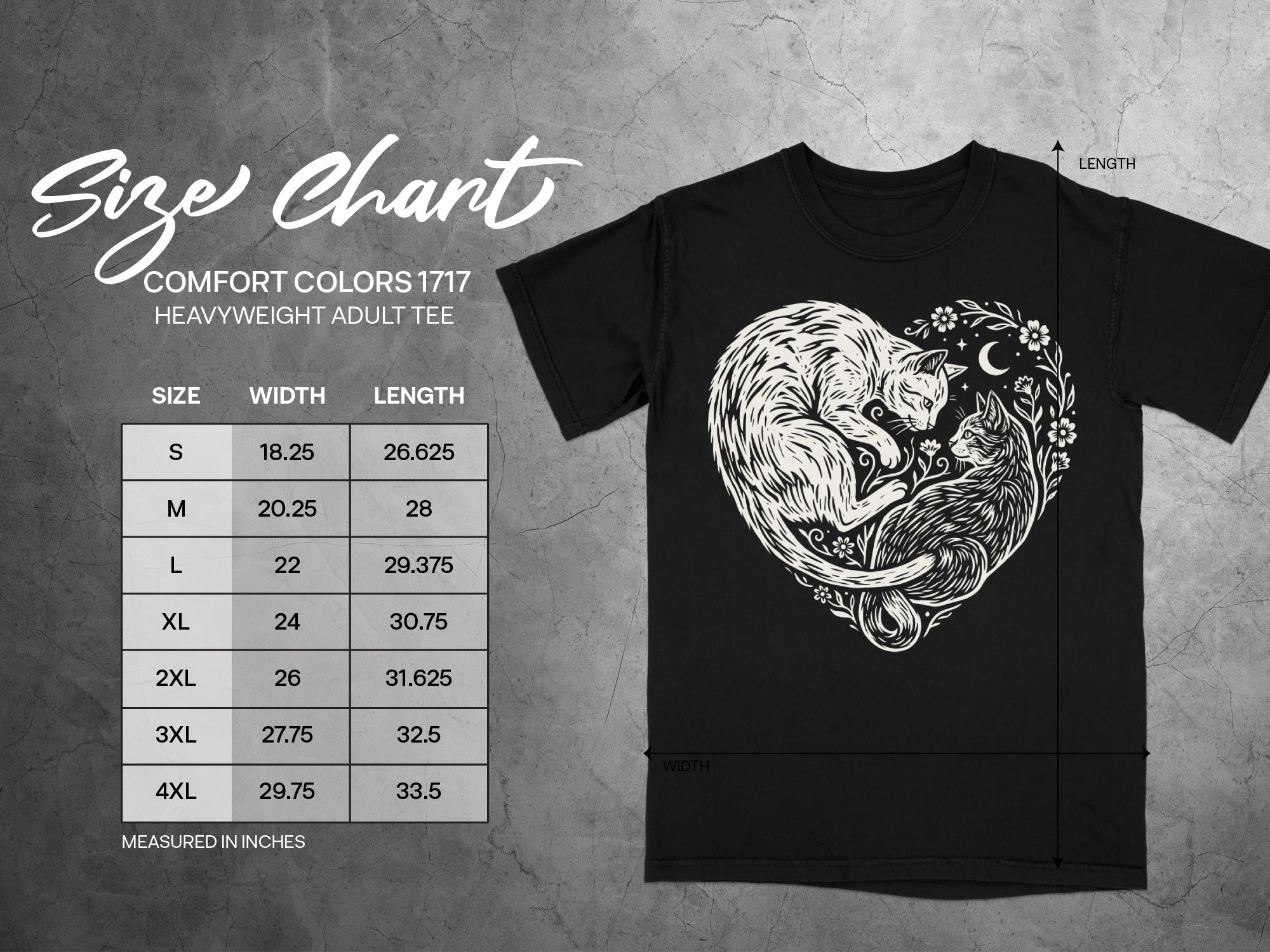 Comfort Colors 1717 heavyweight adult tee size chart featuring two cats in a heart design.