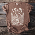 Brown t-shirt with "LESHY slavic forest god folklore" text and woodland graphic.