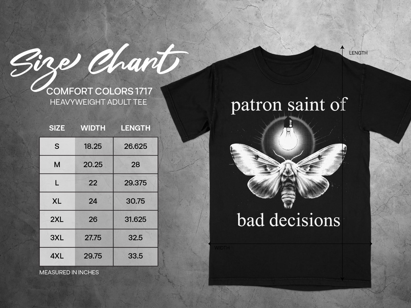 Comfort Colors 1717 heavyweight adult tee size chart with moth graphic.