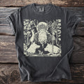 Dark gray t-shirt with a cream linocut style print of a man with antlers and wolves.