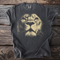 Dark t-shirt with a faded beige lion face graphic on the front.