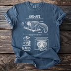 Aye-aye scientific illustration t-shirt with labeled features and body length.