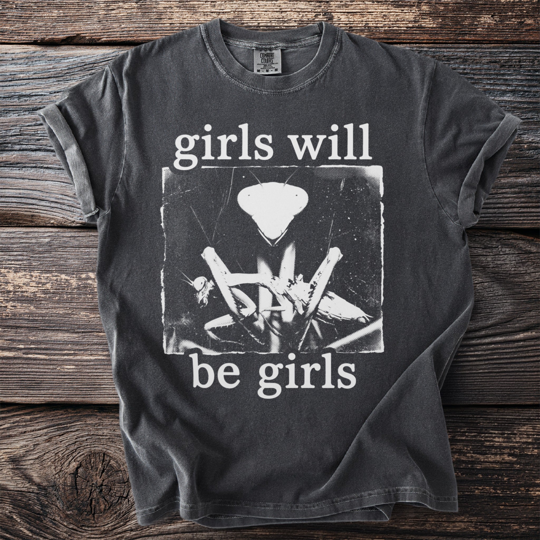 Gray t-shirt with a black and white graphic of praying mantises and text "girls will be girls."