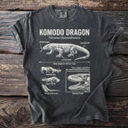 Komodo Dragon graphic with scientific details and anatomical features on a dark t-shirt.