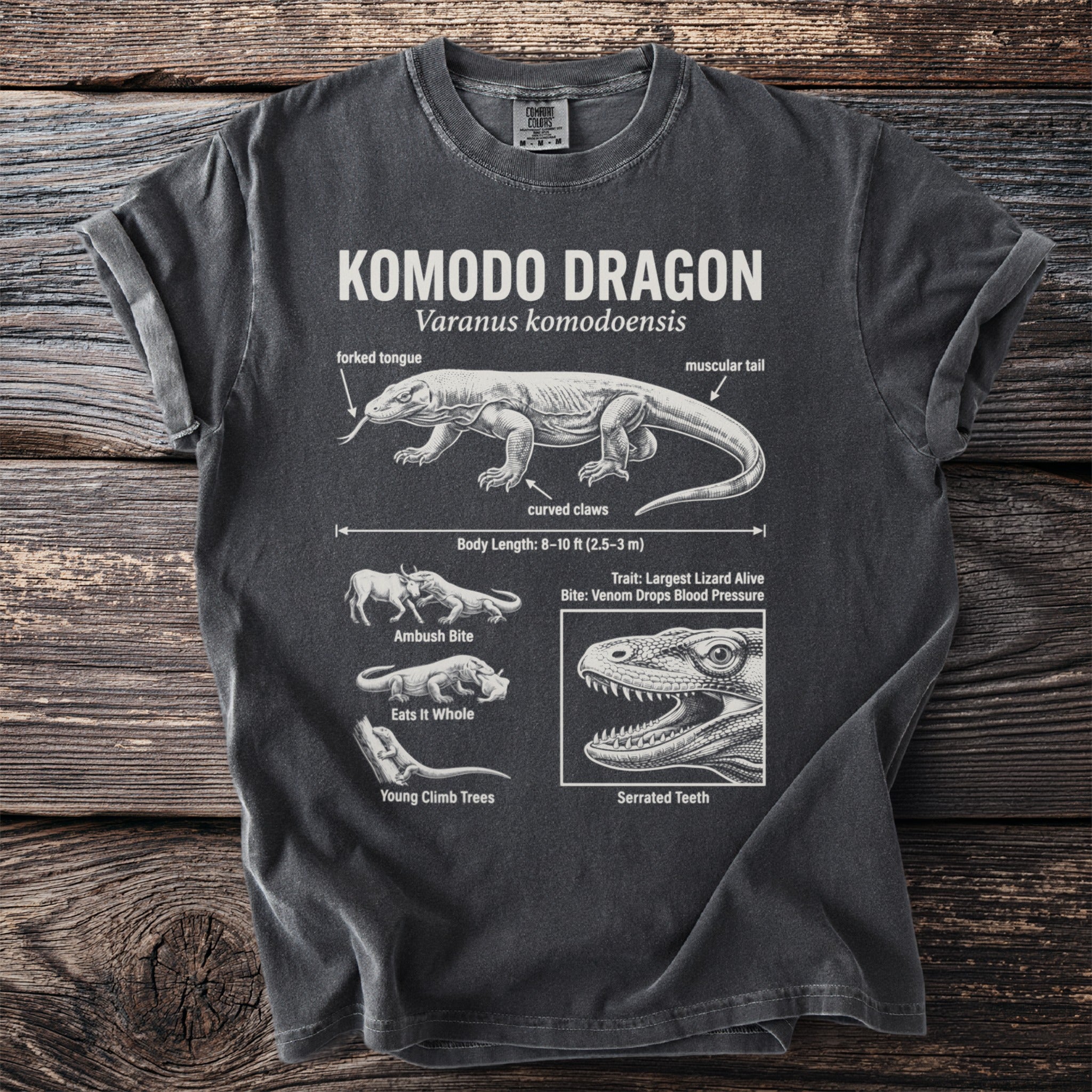 Komodo Dragon graphic with scientific details and anatomical features on a dark t-shirt.