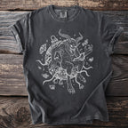 Dark grey t-shirt with a white line drawing of Krampus surrounded by chains and bells.