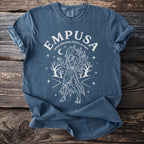 Blue t-shirt with white "Empusa Greek demoness Hekate servant" text and illustration.