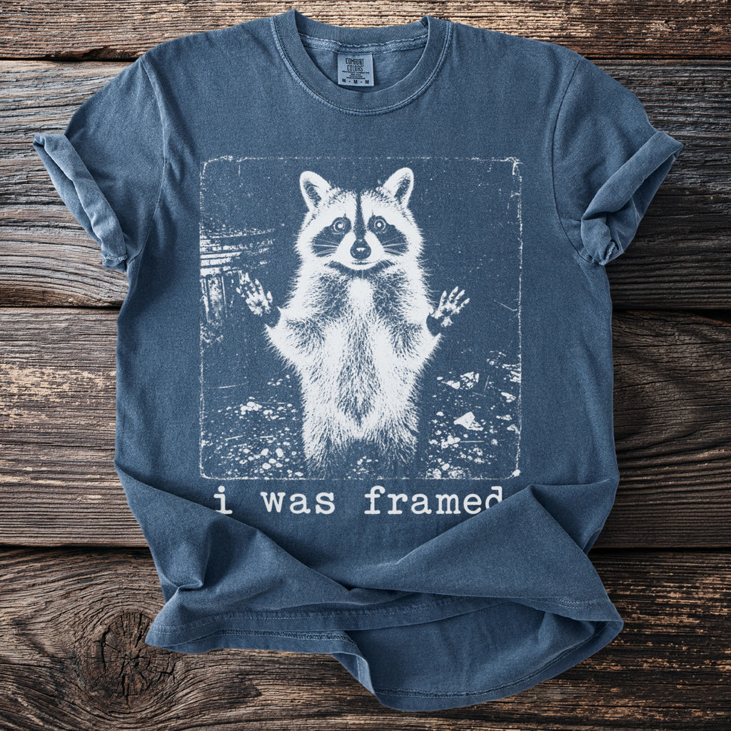 Raccoon with raised paws and text "i was framed" on a blue t-shirt.