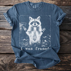 Raccoon with raised paws and text "i was framed" on a blue t-shirt.