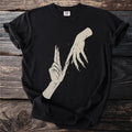 Black t-shirt with graphic of two hands with long fingernails reaching for each other.