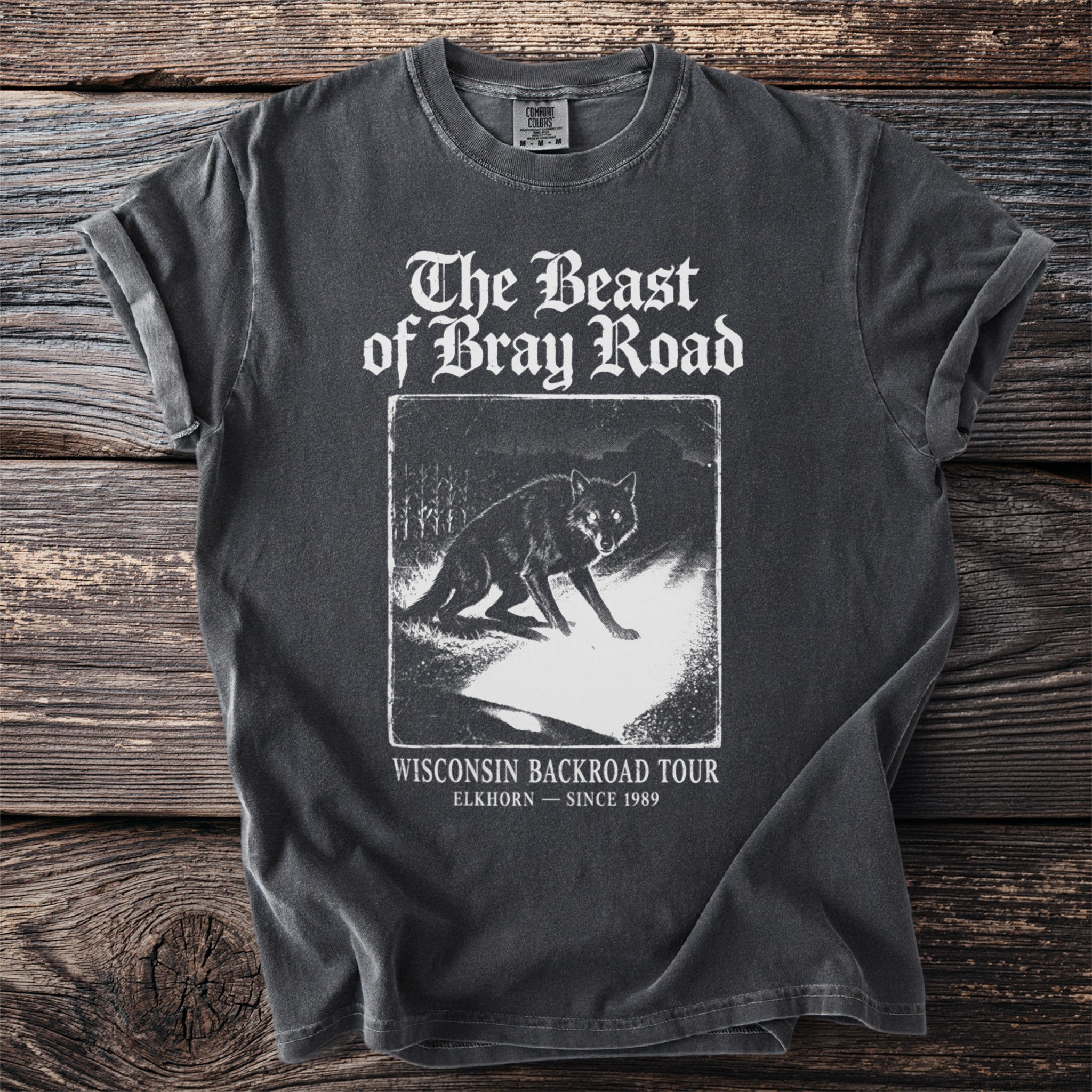 Dark grey t-shirt with "The Beast of Bray Road" and a wolf illustration.