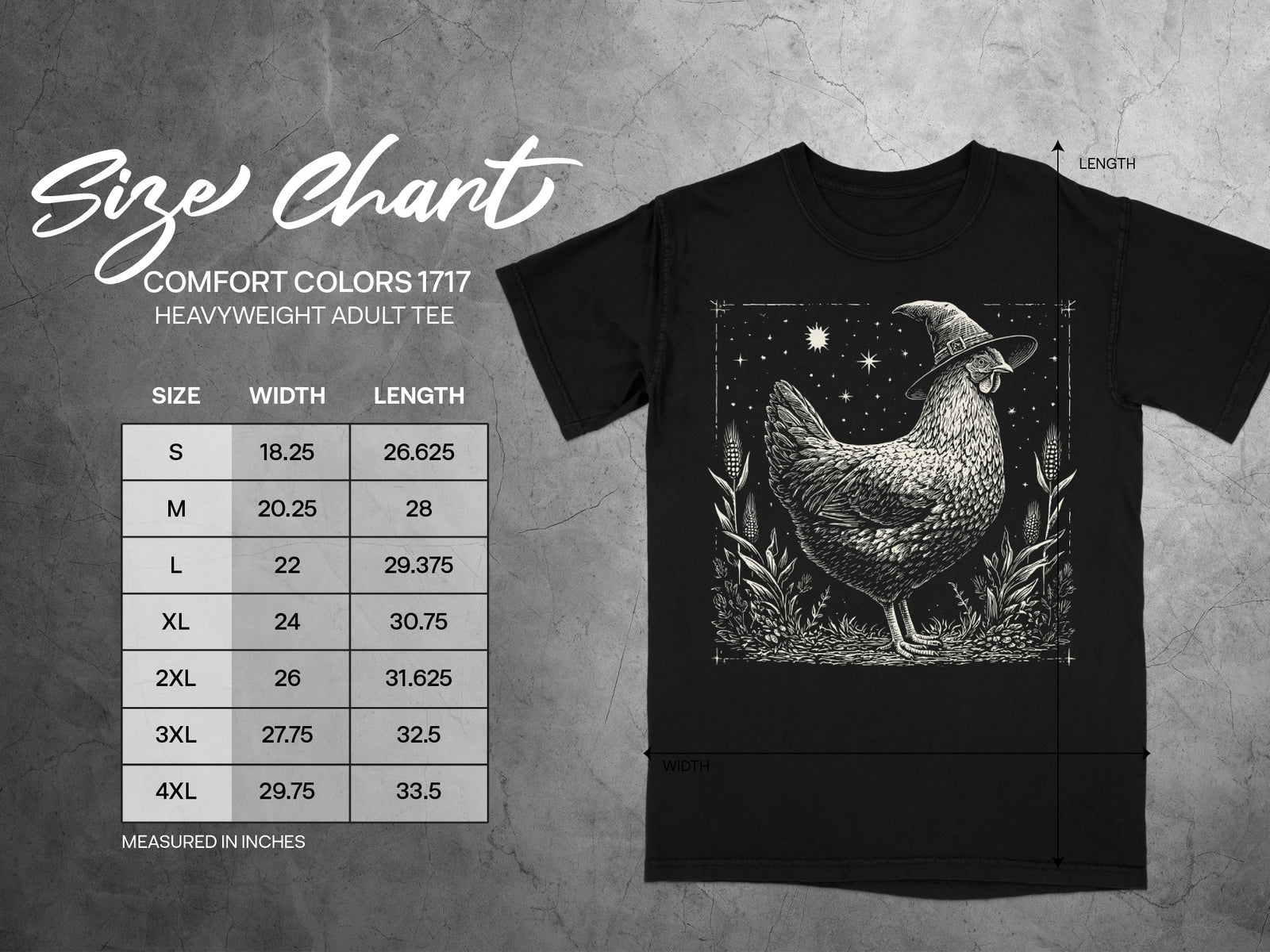 Comfort Colors 1717 heavyweight adult tee size chart with measurements in inches.