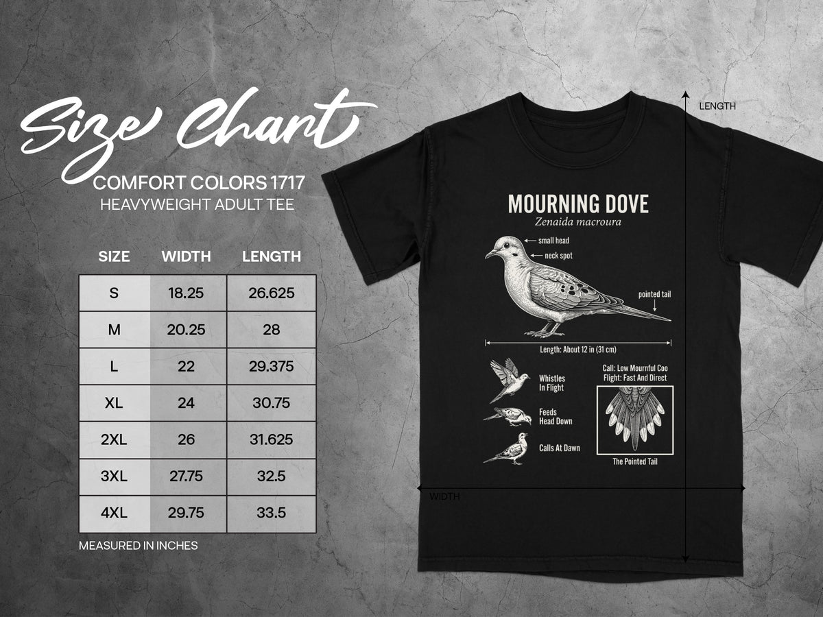 Mourning Dove graphic with size chart for Comfort Colors 1717 heavyweight adult tee.
