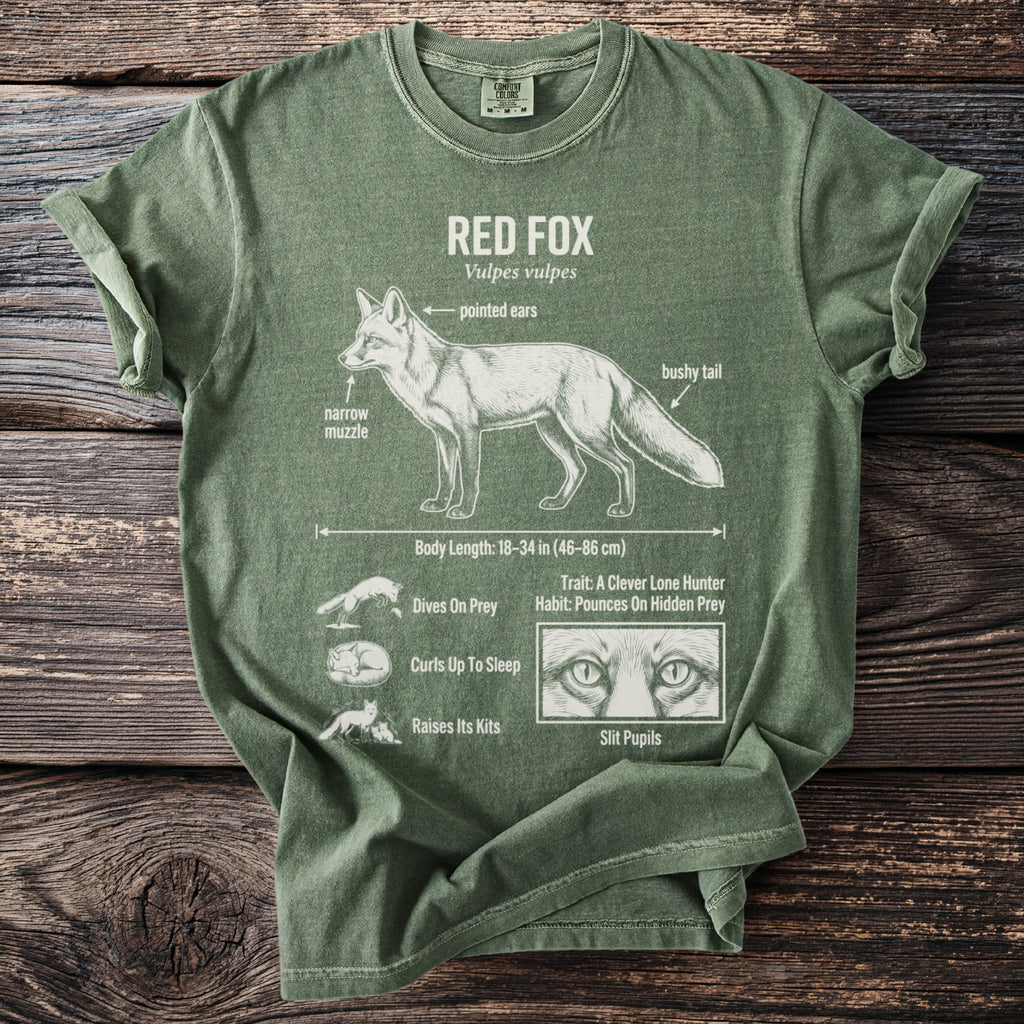 Green t-shirt with white illustration and text about red foxes.