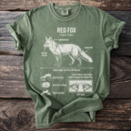 Green t-shirt with white illustration and text about red foxes.