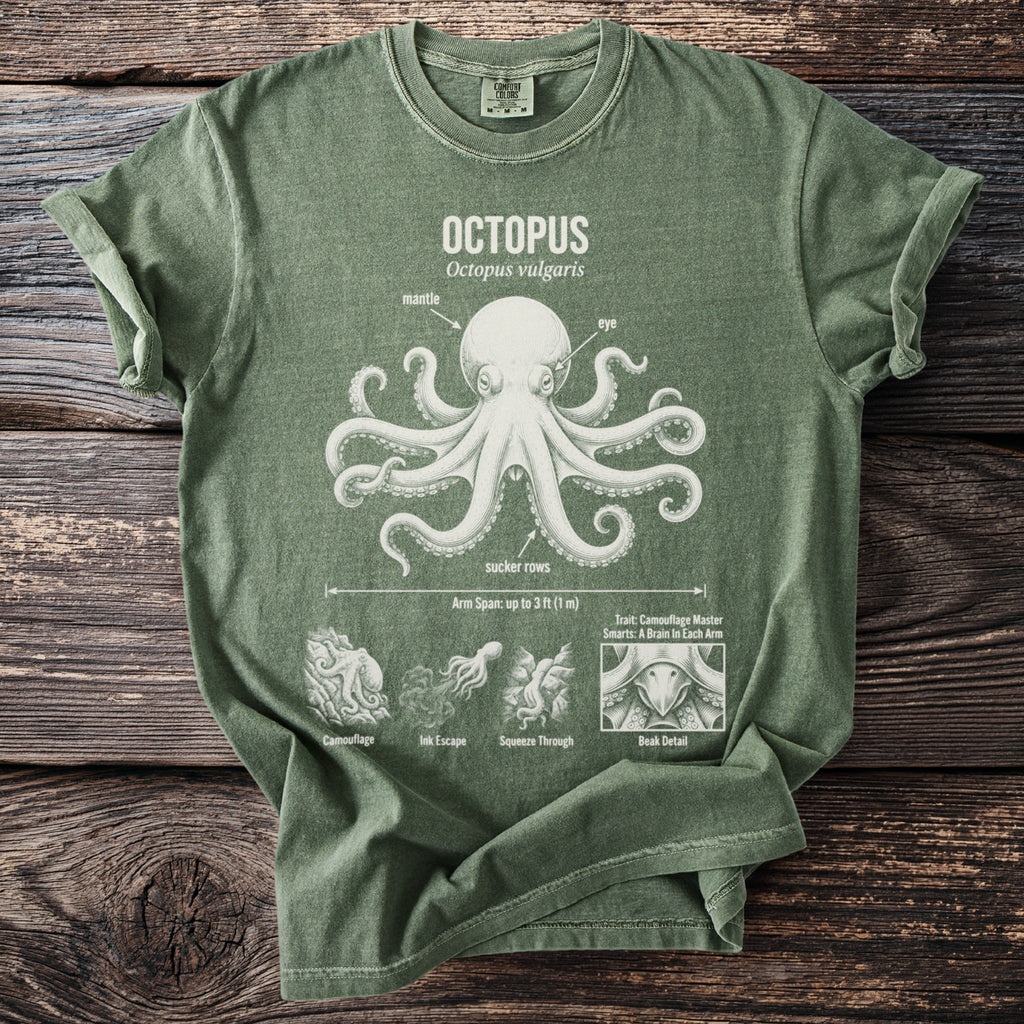 Green t-shirt with a white graphic of an octopus labeled with its anatomy