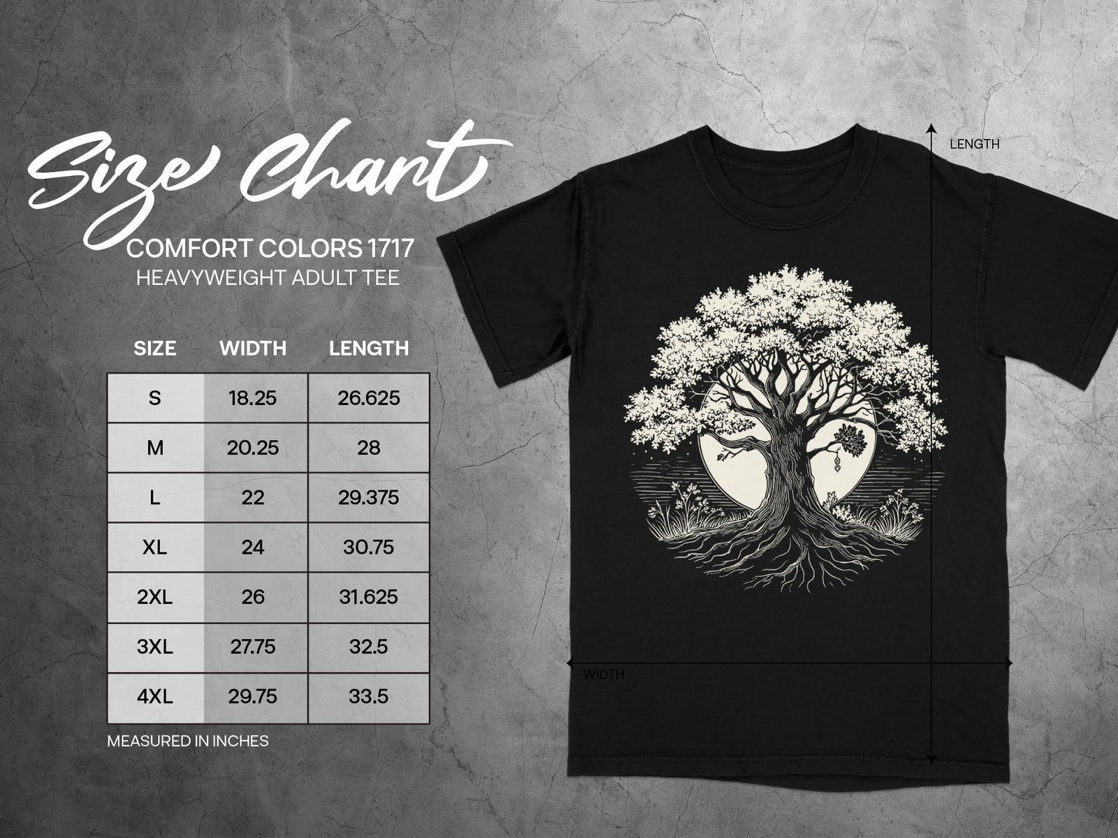 Comfort Colors 1717 heavyweight adult tee size chart with width and length measurements.
