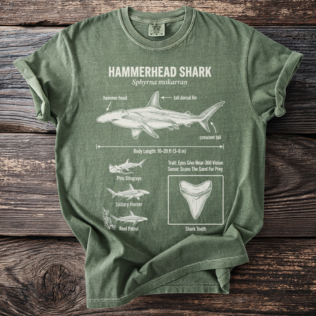 Green t-shirt with Hammerhead Shark anatomy diagram and facts.