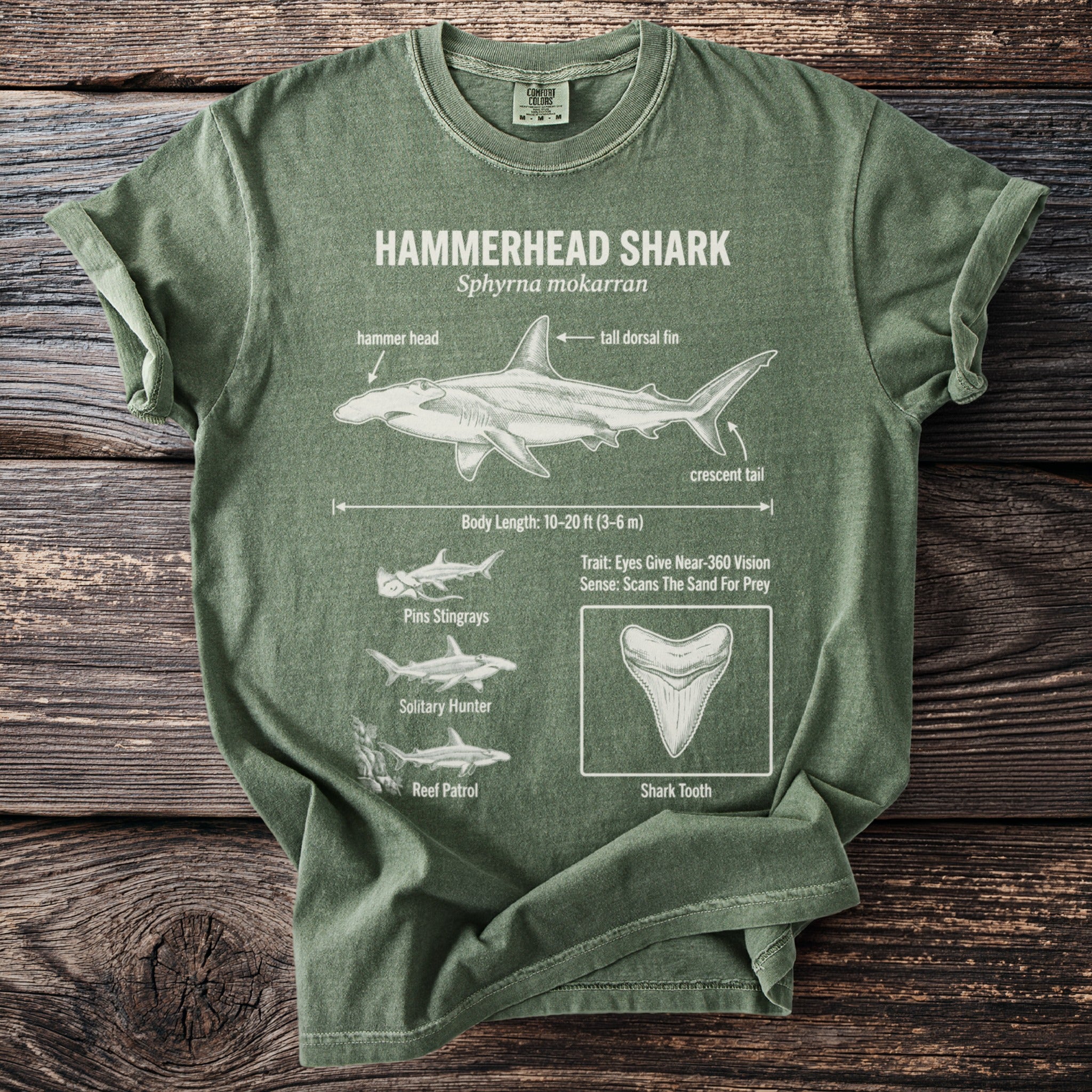 Green t-shirt with Hammerhead Shark anatomy diagram and facts.
