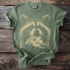 Green t-shirt with a graphic print of a raccoon eating pizza.