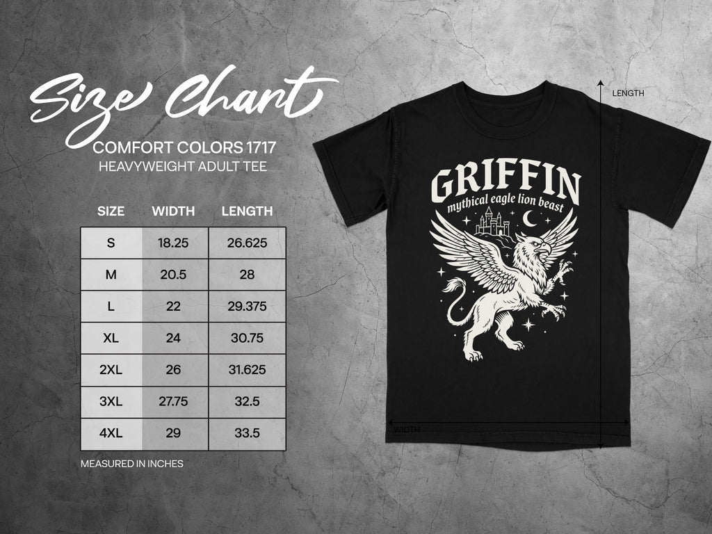 Comfort Colors 1717 garment size chart in inches.