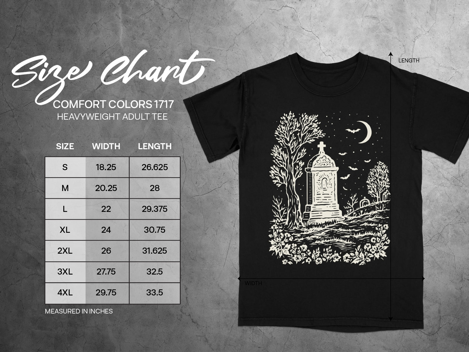 Comfort Colors 1717 heavyweight adult tee size chart with width and length measurements in inches.