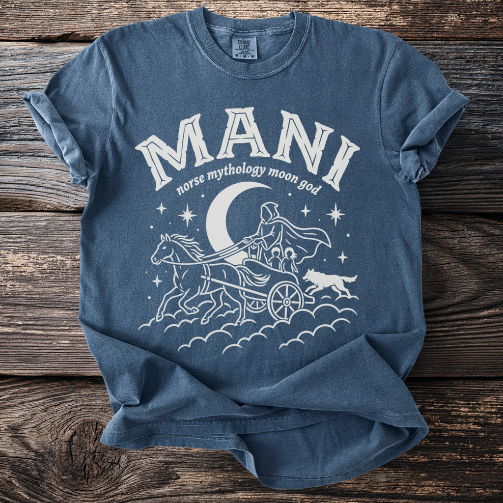 Blue t-shirt with "MANI norse mythology moon god" and a graphic of a chariot.