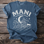 Blue t-shirt with "MANI norse mythology moon god" and a graphic of a chariot.