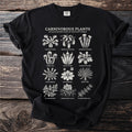 Black t-shirt with a white illustration of various carnivorous plants and their names.