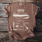 Brown t-shirt with an oarfish diagram showing its features and size.