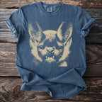 Navy t-shirt with a beige bat face graphic and Comfort Colors label.