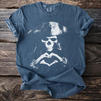 Blue t-shirt with a white pirate skull graphic making a heart shape.