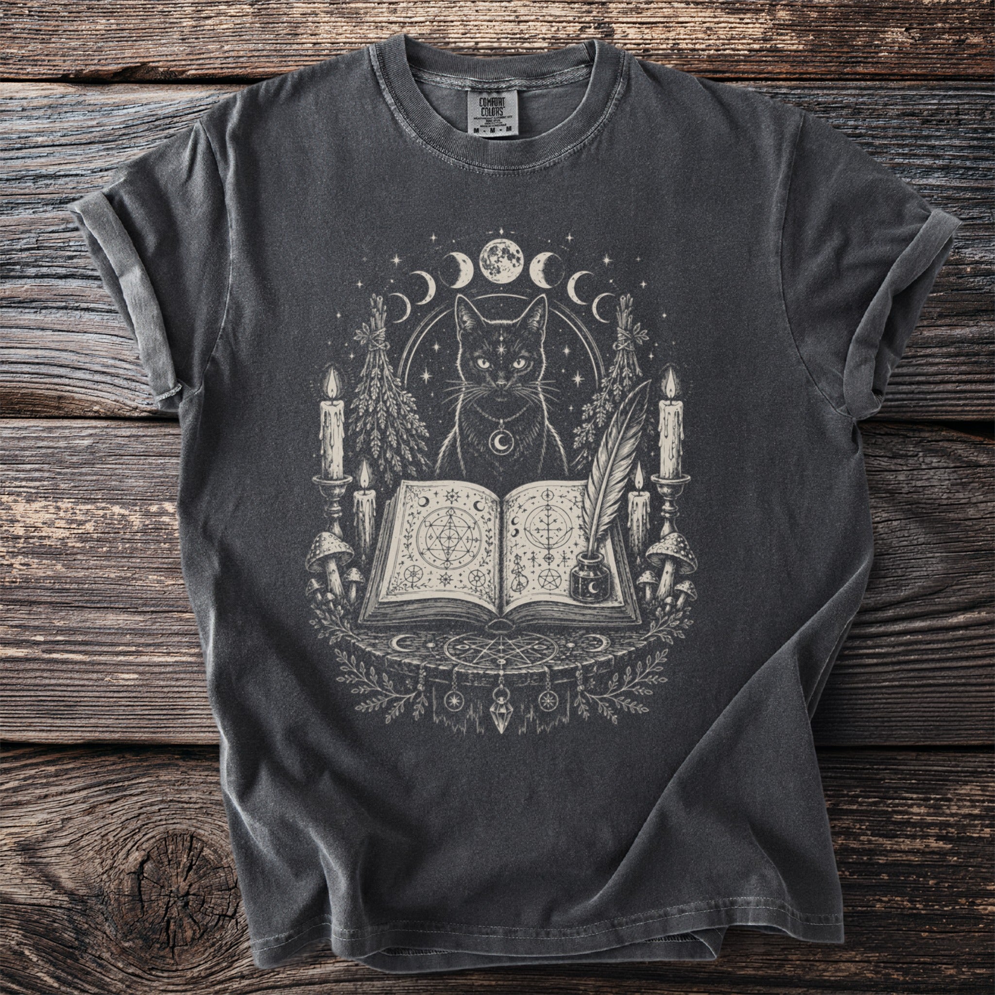 Black cat with occult symbols, moons, candles, and an open book.