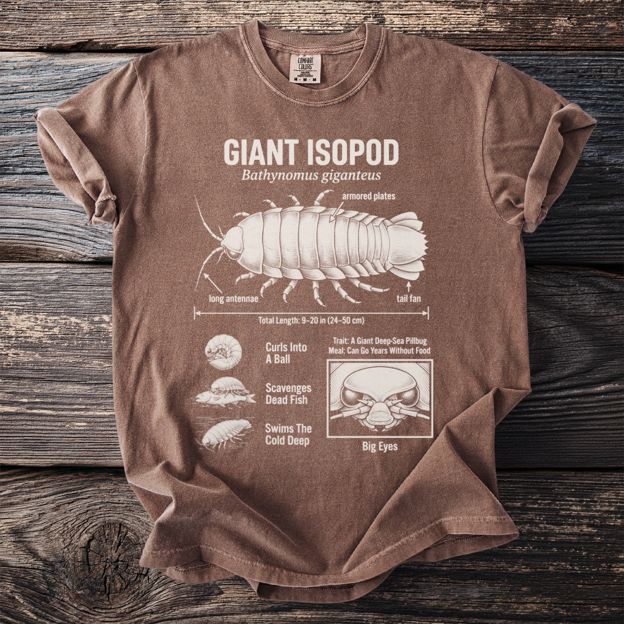 Brown t-shirt featuring a detailed illustration of a Giant Isopod with labels.
