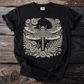 Black t-shirt with cream dragonfly and floral design.